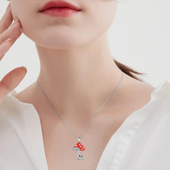Women's Red Silver Simple Cute Frog Mushroom Charm Gift Pendant Necklace - Picture 5 of 5